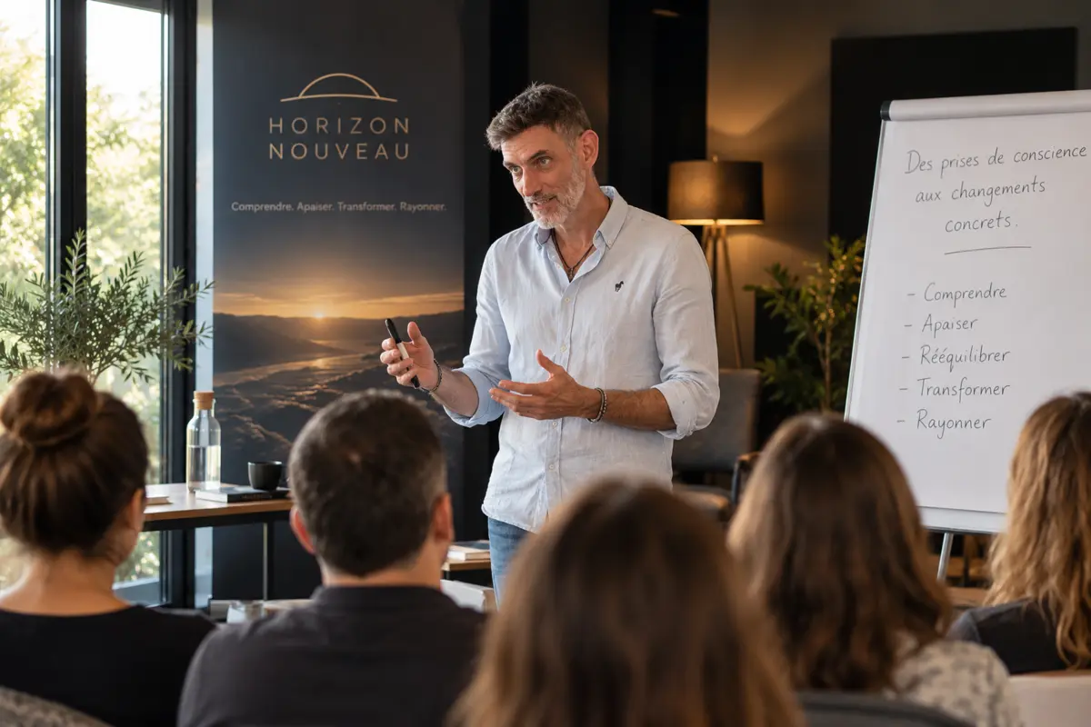 Pierre transmettant l’approche Horizon Nouveau pendant une formation